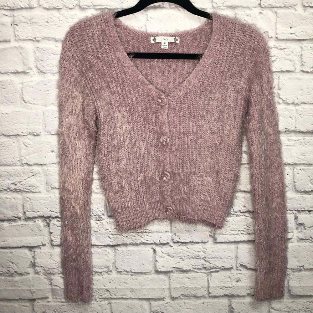NWOT iris Soft Lavender Fuzzy Button Up Cardigan